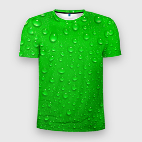 Мужская футболка 3D Slim с принтом зеленый фон с росой в Тюмени, 100% полиэстер с улучшенными характеристиками | приталенный силуэт, круглая горловина, широкие плечи, сужается к линии бедра | Тематика изображения на принте: background | dew | drop | drops | green | greenery | plain | зеленый | зелень | капли | капля | однотон | природа | роса | фон