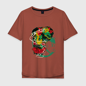 Мужская футболка хлопок Oversize с принтом Дракон в цветах , 100% хлопок | свободный крой, круглый ворот, “спинка” длиннее передней части | Тематика изображения на принте: дракон | дрокон | зеленый дракон | змей | змей цветах | китай | китайский дракон | мистика | мифология | огнедышащий дракон | символ добра | фантастика | фэнтези | цветы | ян