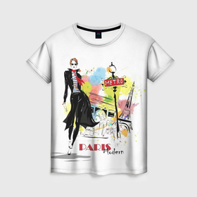 Женская футболка 3D с принтом Девушка, Париж, метро... в Петрозаводске, 100% полиэфир ( синтетическое хлопкоподобное полотно) | прямой крой, круглый вырез горловины, длина до линии бедер | башня | девушка | метро | мода | париж | стиль | франция | эйфелева