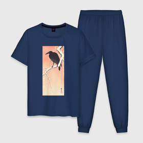 Мужская пижама хлопок с принтом Crow on Snowy Branch в Тюмени, 100% хлопок | брюки и футболка прямого кроя, без карманов, на брюках мягкая резинка на поясе и по низу штанин
 | japan | ohara koson | ворон | искусство | картины | охара косон | птицы | япония | японская | японская анимация | японская эстетика | японский стиль