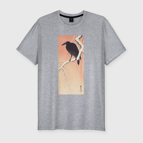 Мужская футболка хлопок Slim с принтом Crow on Snowy Branch в Курске, 92% хлопок, 8% лайкра | приталенный силуэт, круглый вырез ворота, длина до линии бедра, короткий рукав | japan | ohara koson | ворон | искусство | картины | охара косон | птицы | япония | японская | японская анимация | японская эстетика | японский стиль