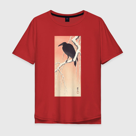 Мужская футболка хлопок Oversize с принтом Crow on Snowy Branch в Кировске, 100% хлопок | свободный крой, круглый ворот, “спинка” длиннее передней части | japan | ohara koson | ворон | искусство | картины | охара косон | птицы | япония | японская | японская анимация | японская эстетика | японский стиль