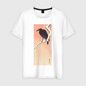 Мужская футболка хлопок с принтом Crow on Snowy Branch в Кировске, 100% хлопок | прямой крой, круглый вырез горловины, длина до линии бедер, слегка спущенное плечо. | japan | ohara koson | ворон | искусство | картины | охара косон | птицы | япония | японская | японская анимация | японская эстетика | японский стиль