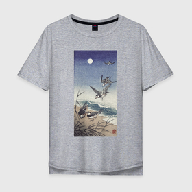 Мужская футболка хлопок Oversize с принтом Birds at Full Moon (Ласточки под луной) в Белгороде, 100% хлопок | свободный крой, круглый ворот, “спинка” длиннее передней части | japan | ohara koson | искусство | картины | ласточки | птицы | япония | японская | японская анимация | японская эстетика | японский стиль