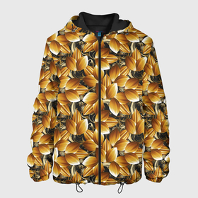 Мужская куртка 3D с принтом объемные желтые листья в Санкт-Петербурге, ткань верха — 100% полиэстер, подклад — флис | прямой крой, подол и капюшон оформлены резинкой с фиксаторами, два кармана без застежек по бокам, один большой потайной карман на груди. Карман на груди застегивается на липучку | abstract | абстракция | геометрия | калейдоскоп | классика | линии | паттерн | текстура | узор | узоры