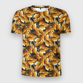 Мужская футболка 3D Slim с принтом объемные желтые листья в Санкт-Петербурге, 100% полиэстер с улучшенными характеристиками | приталенный силуэт, круглая горловина, широкие плечи, сужается к линии бедра | abstract | абстракция | геометрия | калейдоскоп | классика | линии | паттерн | текстура | узор | узоры