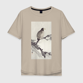 Мужская футболка хлопок Oversize с принтом White tailed Eagle on Branch в Кировске, 100% хлопок | свободный крой, круглый ворот, “спинка” длиннее передней части | japan | ohara koson | винтаж | искусство | картины | орел | птицы | япония | японская | японская анимация | японская эстетика | японский стиль