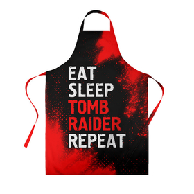 Фартук 3D с принтом Eat Sleep Tomb Raider Repeat + Краска в Санкт-Петербурге, 100% полиэстер | общий размер — 65 х 85 см, ширина нагрудника — 26 см, горловина — 53 см, длина завязок — 54 см, общий обхват в поясе — 173 см. Принт на завязках и на горловине наносится с двух сторон, на основной части фартука — только с внешней стороны | eat sleep tomb raider repeat | logo | raider | tomb | игра | игры | краска | краски | лого | логотип | райдер | символ | томб
