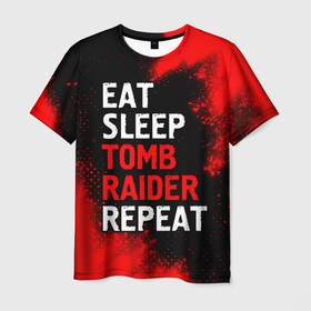 Мужская футболка 3D с принтом Eat Sleep Tomb Raider Repeat + Краска в Кировске, 100% полиэфир | прямой крой, круглый вырез горловины, длина до линии бедер | Тематика изображения на принте: eat sleep tomb raider repeat | logo | raider | tomb | игра | игры | краска | краски | лого | логотип | райдер | символ | томб