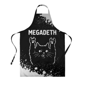 Фартук 3D с принтом Megadeth   Rock Cat , 100% полиэстер | общий размер — 65 х 85 см, ширина нагрудника — 26 см, горловина — 53 см, длина завязок — 54 см, общий обхват в поясе — 173 см. Принт на завязках и на горловине наносится с двух сторон, на основной части фартука — только с внешней стороны | band | megadeth | metal | paint | rock | брызги | группа | кот | краска | мегадэт | рок | рок кот