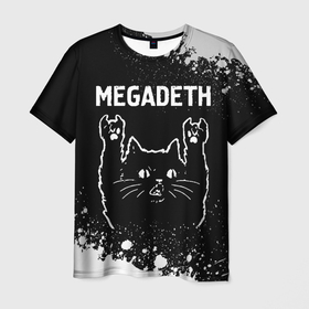 Мужская футболка 3D с принтом Megadeth   Rock Cat в Екатеринбурге, 100% полиэфир | прямой крой, круглый вырез горловины, длина до линии бедер | band | megadeth | metal | paint | rock | брызги | группа | кот | краска | мегадэт | рок | рок кот