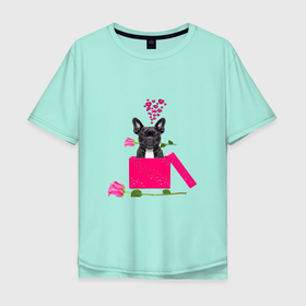 Мужская футболка хлопок Oversize с принтом ПОДАРОК С ЛЮБОВЬЮ в Курске, 100% хлопок | свободный крой, круглый ворот, “спинка” длиннее передней части | забавный | любовь | милый | подарок | роза | розовый | сердце | собака | счастливый | французкий бульдог | цветок