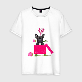 Мужская футболка хлопок с принтом ПОДАРОК С ЛЮБОВЬЮ в Екатеринбурге, 100% хлопок | прямой крой, круглый вырез горловины, длина до линии бедер, слегка спущенное плечо. | забавный | любовь | милый | подарок | роза | розовый | сердце | собака | счастливый | французкий бульдог | цветок