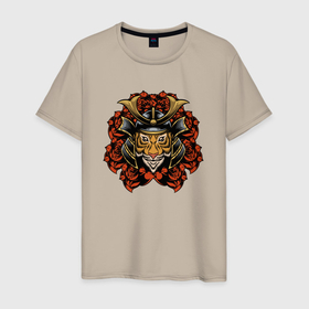 Мужская футболка хлопок с принтом Тигр   самурай в Новосибирске, 100% хлопок | прямой крой, круглый вырез горловины, длина до линии бедер, слегка спущенное плечо. | боец | самурай | тигр | тигр   самурай | япония