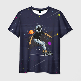 Мужская футболка 3D с принтом Космонавт    скейтбордист в Белгороде, 100% полиэфир | прямой крой, круглый вырез горловины, длина до линии бедер | Тематика изображения на принте: вселенная | звезды | космонавт | космонавт   скейтбордист | космос | планета | скет