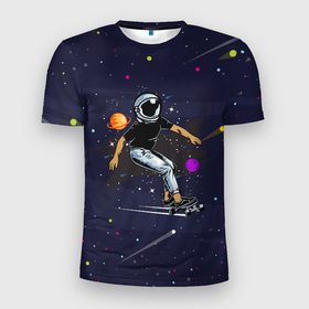 Мужская футболка 3D Slim с принтом Космонавт    скейтбордист в Новосибирске, 100% полиэстер с улучшенными характеристиками | приталенный силуэт, круглая горловина, широкие плечи, сужается к линии бедра | Тематика изображения на принте: вселенная | звезды | космонавт | космонавт   скейтбордист | космос | планета | скет