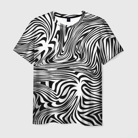 Мужская футболка 3D с принтом Сумасшедшая зебра. Абстрактный узор с извилистыми линиями в Новосибирске, 100% полиэфир | прямой крой, круглый вырез горловины, длина до линии бедер | абстракция | зебра | оптический эффект | полосы | черный и белый
