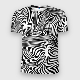 Мужская футболка 3D Slim с принтом Сумасшедшая зебра. Абстрактный узор с извилистыми линиями в Екатеринбурге, 100% полиэстер с улучшенными характеристиками | приталенный силуэт, круглая горловина, широкие плечи, сужается к линии бедра | абстракция | зебра | оптический эффект | полосы | черный и белый