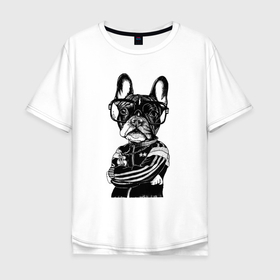 Мужская футболка хлопок Oversize с принтом Французский бульдог   Cool dude в Белгороде, 100% хлопок | свободный крой, круглый ворот, “спинка” длиннее передней части | bulldog | dog | dude | ears | eyes | muzzle | бульдог | глаза | очки | уши | чувак