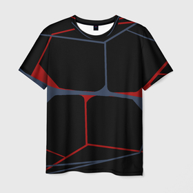 Мужская футболка 3D с принтом Геометрические линии сине красные в Петрозаводске, 100% полиэфир | прямой крой, круглый вырез горловины, длина до линии бедер | Тематика изображения на принте: абстракция | геометрия | линии | паутина | сетка | строгий