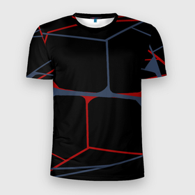 Мужская футболка 3D Slim с принтом Геометрические линии сине красные в Тюмени, 100% полиэстер с улучшенными характеристиками | приталенный силуэт, круглая горловина, широкие плечи, сужается к линии бедра | абстракция | геометрия | линии | паутина | сетка | строгий