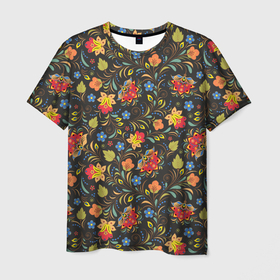 Мужская футболка 3D с принтом Хохломские цветочки , 100% полиэфир | прямой крой, круглый вырез горловины, длина до линии бедер | орнамент | творчество | узоры | хохлома | цветы