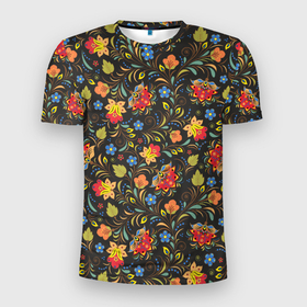 Мужская футболка 3D Slim с принтом Хохломские цветочки , 100% полиэстер с улучшенными характеристиками | приталенный силуэт, круглая горловина, широкие плечи, сужается к линии бедра | орнамент | творчество | узоры | хохлома | цветы