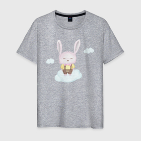 Мужская футболка хлопок с принтом Милый Крольчонок На Облаке , 100% хлопок | прямой крой, круглый вырез горловины, длина до линии бедер, слегка спущенное плечо. | animals | beast | cute | hare | rabbit | животные | заяц | звери | кролик | крольчонок | милый