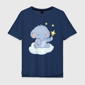 Мужская футболка хлопок Oversize с принтом Милый Слонёнок На Облаке Со Звездой в Курске, 100% хлопок | свободный крой, круглый ворот, “спинка” длиннее передней части | Тематика изображения на принте: animals | beast | cute | животные | звери | милый | слон | слонёнок