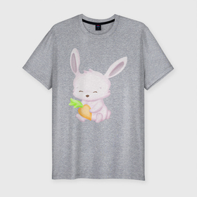 Мужская футболка хлопок Slim с принтом Милый Крольчонок С Морковкой в Рязани, 92% хлопок, 8% лайкра | приталенный силуэт, круглый вырез ворота, длина до линии бедра, короткий рукав | animals | beast | cute | hare | rabbit | животные | заяц | звери | кролик | крольчонок | милый