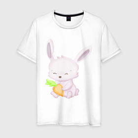 Мужская футболка хлопок с принтом Милый Крольчонок С Морковкой , 100% хлопок | прямой крой, круглый вырез горловины, длина до линии бедер, слегка спущенное плечо. | animals | beast | cute | hare | rabbit | животные | заяц | звери | кролик | крольчонок | милый