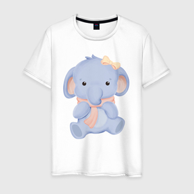 Мужская футболка хлопок с принтом Милый Слонёнок С Шарфом в Екатеринбурге, 100% хлопок | прямой крой, круглый вырез горловины, длина до линии бедер, слегка спущенное плечо. | animals | beast | cute | животные | звери | милый | слон | слонёнок