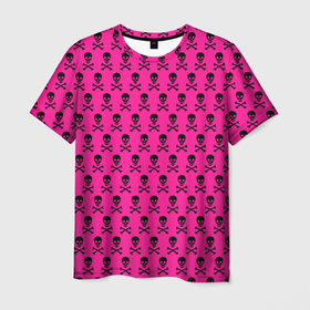 Мужская футболка 3D с принтом розовый фон с черепами паттерн в Санкт-Петербурге, 100% полиэфир | прямой крой, круглый вырез горловины, длина до линии бедер | Тематика изображения на принте: 2007 | background | black | emo | pattern | pink background | retro | skull | skulls | паттерн | ретро | розовый фон | фон | череп | черепа | черный | эмо