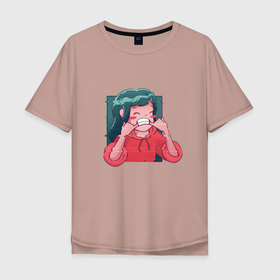 Мужская футболка хлопок Oversize с принтом Anime Glitch Girl в Новосибирске, 100% хлопок | свободный крой, круглый ворот, “спинка” длиннее передней части | Тематика изображения на принте: agression | cry | crying | depression | japan | japanese | manga | showing teeth | агрессия | в стиле аниме | в стиле манги | грустная девочка | грусть | депрессия | манга | меланхолия | печаль | плач | плачет | показывает зубы | слёзы