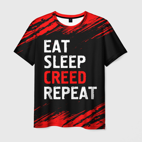 Мужская футболка 3D с принтом Eat Sleep Creed Repeat   Краски в Кировске, 100% полиэфир | прямой крой, круглый вырез горловины, длина до линии бедер | creed | eat sleep creed repeat | logo | ассасин | игра | игры | краска | крид | лого | логотип | символ