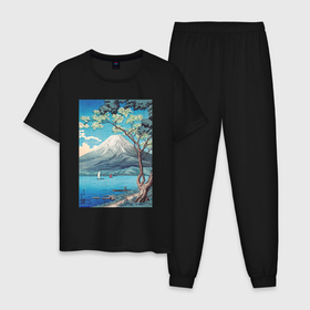 Мужская пижама хлопок с принтом Mount Fuji from Lake Yamanaka (Гора Фудзи) в Екатеринбурге, 100% хлопок | брюки и футболка прямого кроя, без карманов, на брюках мягкая резинка на поясе и по низу штанин
 | japan | винтаж | горы | картины | море | природа | фудзи | япония | японская анимация | японская эстетика | японский стиль