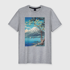 Мужская футболка хлопок Slim с принтом Mount Fuji from Lake Yamanaka (Гора Фудзи) в Петрозаводске, 92% хлопок, 8% лайкра | приталенный силуэт, круглый вырез ворота, длина до линии бедра, короткий рукав | Тематика изображения на принте: japan | винтаж | горы | картины | море | природа | фудзи | япония | японская анимация | японская эстетика | японский стиль