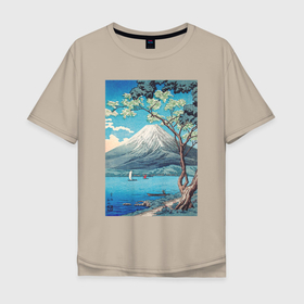 Мужская футболка хлопок Oversize с принтом Mount Fuji from Lake Yamanaka (Гора Фудзи) в Петрозаводске, 100% хлопок | свободный крой, круглый ворот, “спинка” длиннее передней части | Тематика изображения на принте: japan | винтаж | горы | картины | море | природа | фудзи | япония | японская анимация | японская эстетика | японский стиль