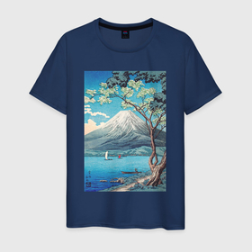 Мужская футболка хлопок с принтом Mount Fuji from Lake Yamanaka (Гора Фудзи) в Петрозаводске, 100% хлопок | прямой крой, круглый вырез горловины, длина до линии бедер, слегка спущенное плечо. | Тематика изображения на принте: japan | винтаж | горы | картины | море | природа | фудзи | япония | японская анимация | японская эстетика | японский стиль