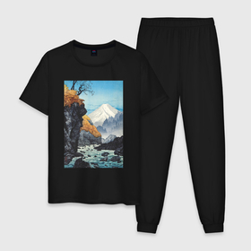 Мужская пижама хлопок с принтом Foot of Mount Ashitaka (Гора Ашитака) в Тюмени, 100% хлопок | брюки и футболка прямого кроя, без карманов, на брюках мягкая резинка на поясе и по низу штанин
 | japan | ашитака | винтаж | горы | море | природа | япония | японская анимация | японская эстетика | японский стиль
