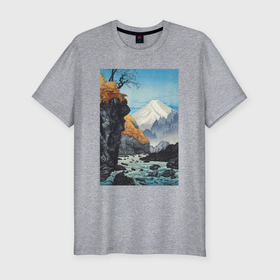 Мужская футболка хлопок Slim с принтом Foot of Mount Ashitaka (Гора Ашитака) в Курске, 92% хлопок, 8% лайкра | приталенный силуэт, круглый вырез ворота, длина до линии бедра, короткий рукав | Тематика изображения на принте: japan | ашитака | винтаж | горы | море | природа | япония | японская анимация | японская эстетика | японский стиль
