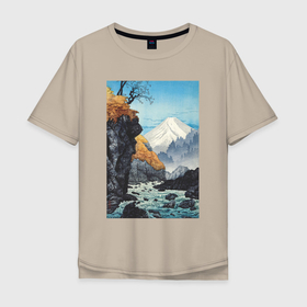 Мужская футболка хлопок Oversize с принтом Foot of Mount Ashitaka (Гора Ашитака) в Курске, 100% хлопок | свободный крой, круглый ворот, “спинка” длиннее передней части | Тематика изображения на принте: japan | ашитака | винтаж | горы | море | природа | япония | японская анимация | японская эстетика | японский стиль