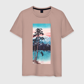 Мужская футболка хлопок с принтом Lingering Snow on Mt. Shirane (Гора Сиранэ) в Курске, 100% хлопок | прямой крой, круглый вырез горловины, длина до линии бедер, слегка спущенное плечо. | japan | винтаж | горы | море | природа | сиранэ | япония | японская анимация | японская эстетика | японский стиль