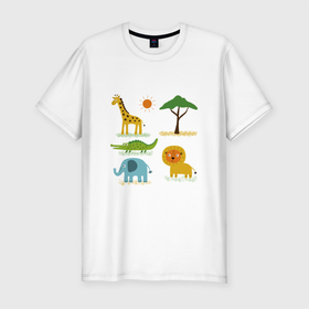 Мужская футболка хлопок Slim с принтом АФРИКАНСКИЕ ЖИВОТНЫЕ (AFRICAN ANIMALS) в Белгороде, 92% хлопок, 8% лайкра | приталенный силуэт, круглый вырез ворота, длина до линии бедра, короткий рукав | дерево | животные | жираф | крокодил | лев | слон | солнце
