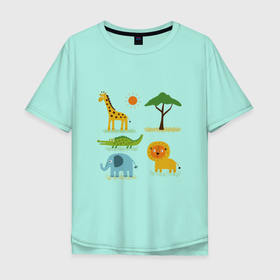 Мужская футболка хлопок Oversize с принтом АФРИКАНСКИЕ ЖИВОТНЫЕ (AFRICAN ANIMALS) в Кировске, 100% хлопок | свободный крой, круглый ворот, “спинка” длиннее передней части | Тематика изображения на принте: дерево | животные | жираф | крокодил | лев | слон | солнце