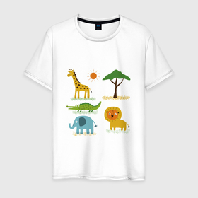 Мужская футболка хлопок с принтом АФРИКАНСКИЕ ЖИВОТНЫЕ (AFRICAN ANIMALS) , 100% хлопок | прямой крой, круглый вырез горловины, длина до линии бедер, слегка спущенное плечо. | Тематика изображения на принте: дерево | животные | жираф | крокодил | лев | слон | солнце