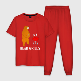 Мужская пижама хлопок с принтом Bear Grills (Беар Гриллс) в Кировске, 100% хлопок | брюки и футболка прямого кроя, без карманов, на брюках мягкая резинка на поясе и по низу штанин
 | Тематика изображения на принте: bear | bear grills | беар гриллс | белый | биргрилс | бурый | гризли | гриль | зверь | косолапый | медведи | медведь | мишка | панда | прикол | топтыгин | хищник | шутка