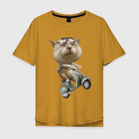 Мужская футболка хлопок Oversize с принтом Крутой котяра на скутере , 100% хлопок | свободный крой, круглый ворот, “спинка” длиннее передней части | backpack | cat | claws | ears | kitten | moustache | muzzle | scooter | когти | кот | котёнок | кошка | мордочка | очки | рюкзак | скутер | усы | уши