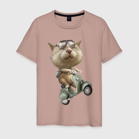 Мужская футболка хлопок с принтом Крутой котяра на скутере в Новосибирске, 100% хлопок | прямой крой, круглый вырез горловины, длина до линии бедер, слегка спущенное плечо. | backpack | cat | claws | ears | kitten | moustache | muzzle | scooter | когти | кот | котёнок | кошка | мордочка | очки | рюкзак | скутер | усы | уши