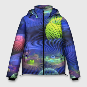Мужская зимняя куртка 3D с принтом Геометрический фрактальный неоновый паттерн   Geometric fractal neon pattern в Петрозаводске, верх — 100% полиэстер; подкладка — 100% полиэстер; утеплитель — 100% полиэстер | длина ниже бедра, свободный силуэт Оверсайз. Есть воротник-стойка, отстегивающийся капюшон и ветрозащитная планка. 

Боковые карманы с листочкой на кнопках и внутренний карман на молнии. | abstraction | fractal | geometry | neon | pattern | vanguard | абстракция | авангард | геометрия | неон | узор | фрактал